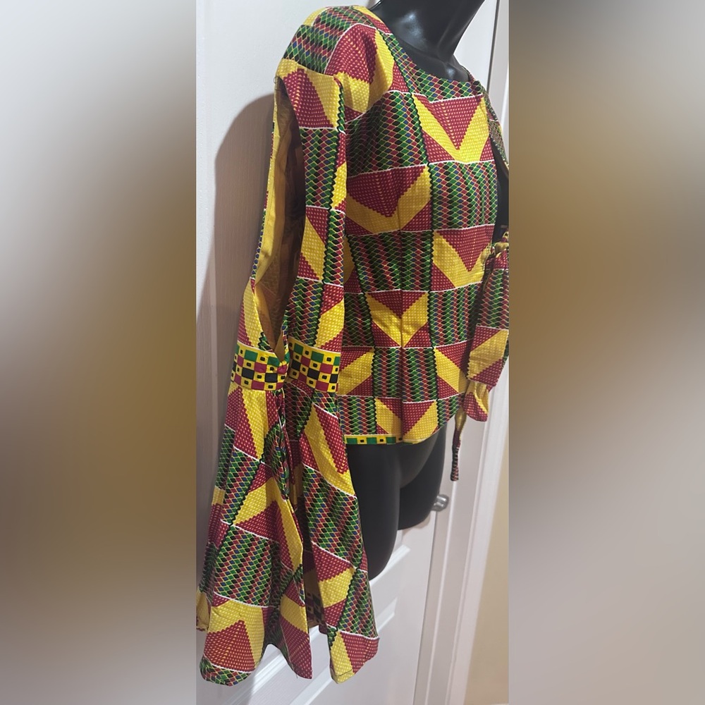 Upcycled handmade Vibrant Multicolor one sleeve peplum tie front Top size M - Picture 6 of 7